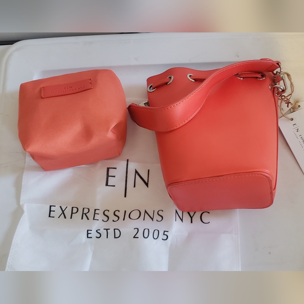 Expressions Coral Mini Bucket Bag with Matching Pouch